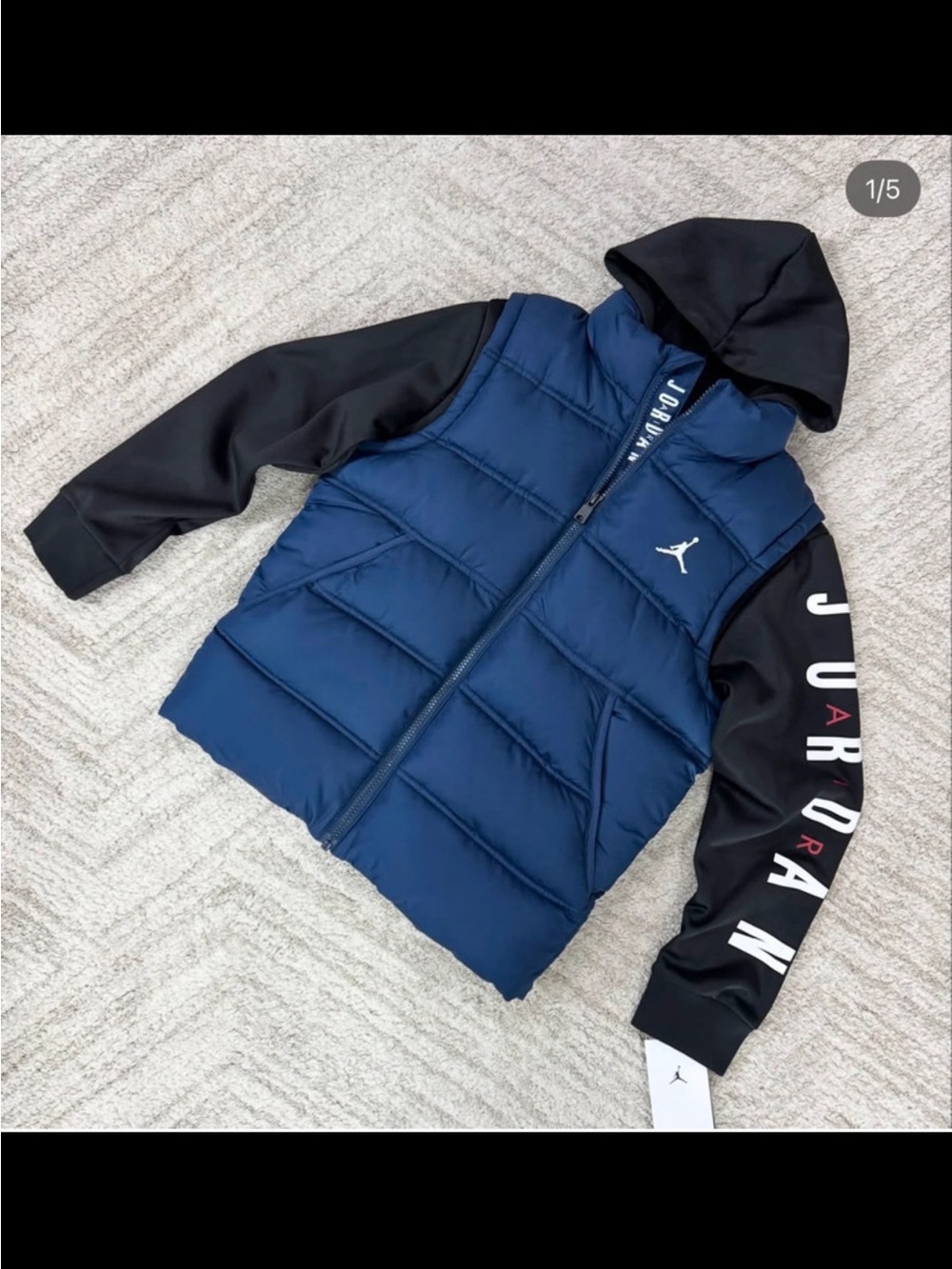 Jordan Navy Puffer Vest with Black Hooded Sleeves